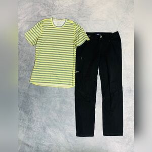 Patagonia Yellow and Gray Striped Top with Black Pants